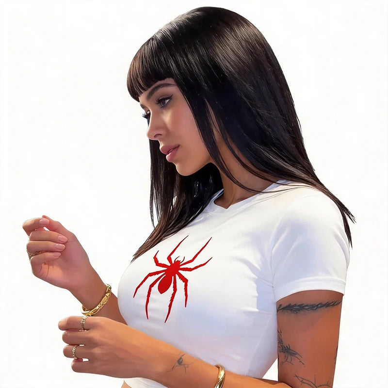 Vintage Y2k Tshirt for Woman Funny Spider Print Graphic Cropped T Shirt Women's Sexy Crew Neck Short Sleeve Crop Tops Clothes