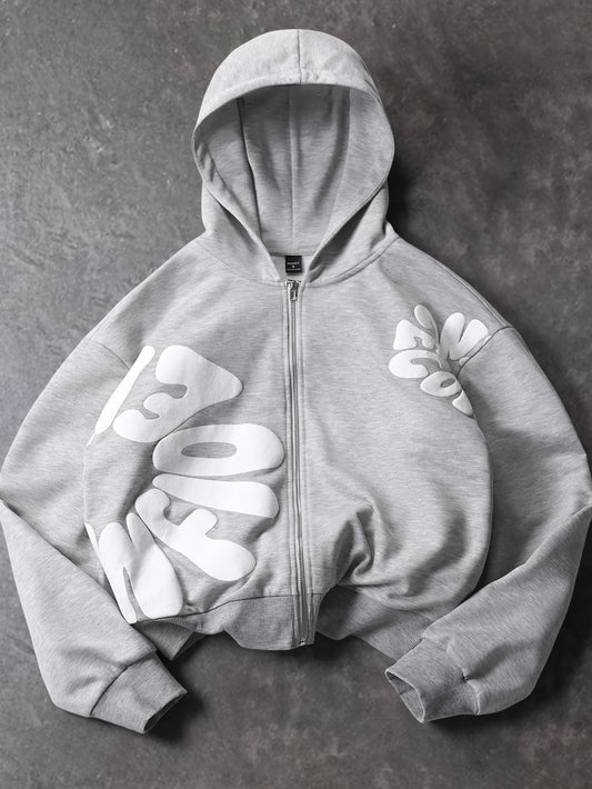Men's Oversized Streetwear Zip Hoodie Brand 3D Puff Print Letter Graphic Polyester Gray Multi Color Hoodie S-2XL All Size 1Pc