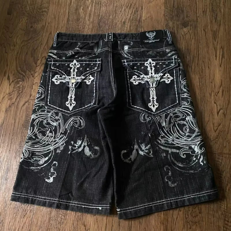 2026 American New Geometric Cherry Blossom Embroidery Wash Jeans Shorts Women Y2K Gothic Hip Hop Popular Casual Joker Shorts