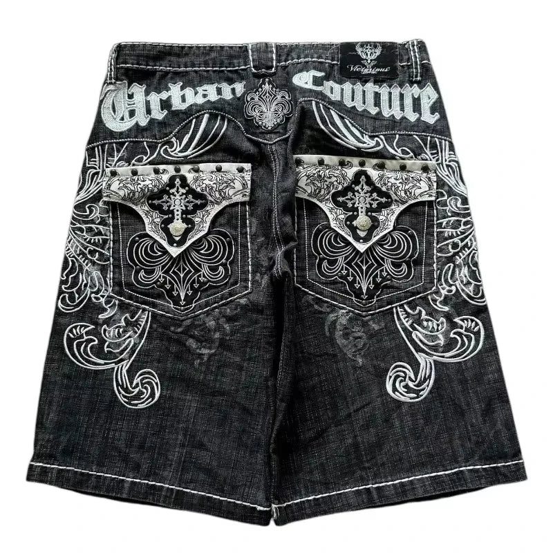 2026 American New Geometric Cherry Blossom Embroidery Wash Jeans Shorts Women Y2K Gothic Hip Hop Popular Casual Joker Shorts