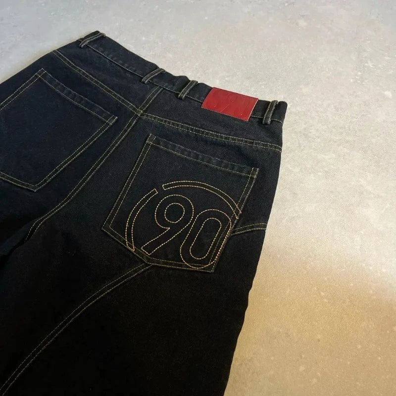 Y2K American Vintage Denim Shorts Embroidery Number 90 Pattern Bright Line Street Shorts Hip Hop Harajuku Unisex Wide Leg Pants