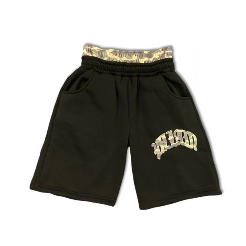 Summer American High Street Fashion Leopard Print Letter Patchwork Double Waistband Shorts Y2K HipHop Loose Straight Rock Slacks