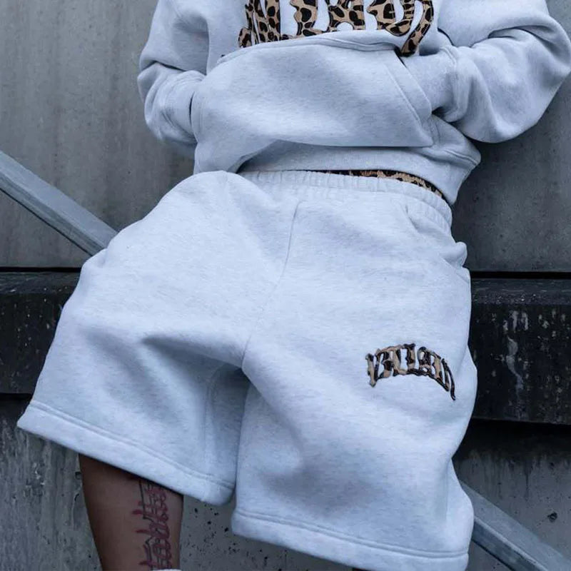 Summer American High Street Fashion Leopard Print Letter Patchwork Double Waistband Shorts Y2K HipHop Loose Straight Rock Slacks