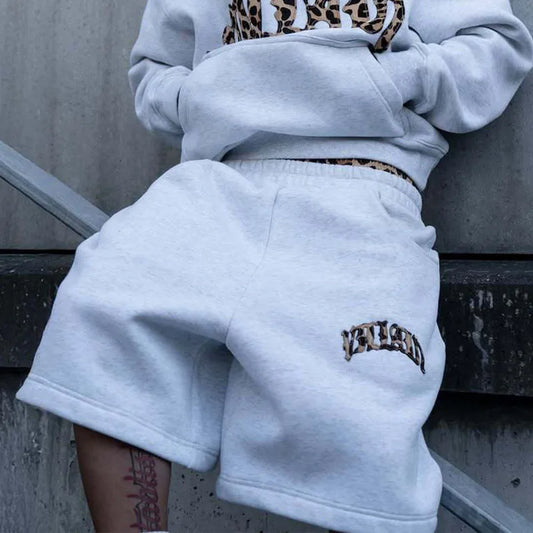 Summer American High Street Fashion Leopard Print Letter Patchwork Double Waistband Shorts Y2K HipHop Loose Straight Rock Slacks