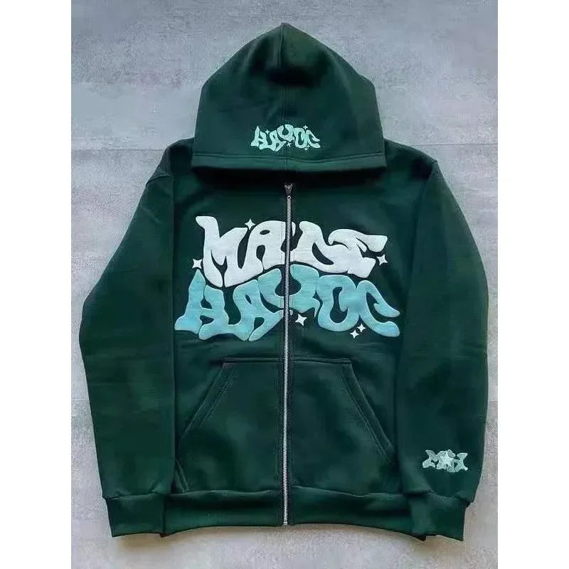 2026 European and American Fashion Fleece Print Zippered Hooded Sweatshirt for Men and Women, Casual Multi-Functional Sports Top