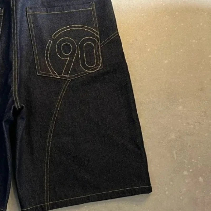 Y2K American Vintage Denim Shorts Embroidery Number 90 Pattern Bright Line Street Shorts Hip Hop Harajuku Unisex Wide Leg Pants
