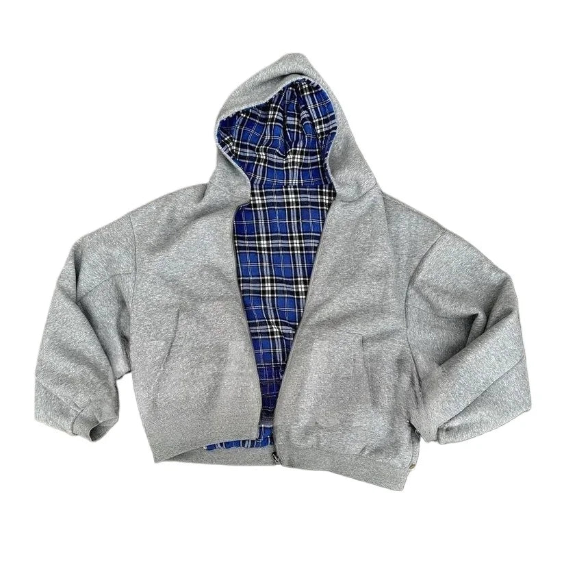 90s Lined Blue Check Hoodie Kawaii Gothic Harajuku Streetwear Loose Fit Cotton Pullover Double Face Long Sleeve Sweatshirt