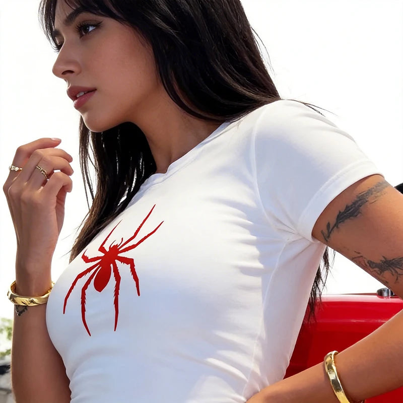 Vintage Y2k Tshirt for Woman Funny Spider Print Graphic Cropped T Shirt Women's Sexy Crew Neck Short Sleeve Crop Tops Clothes