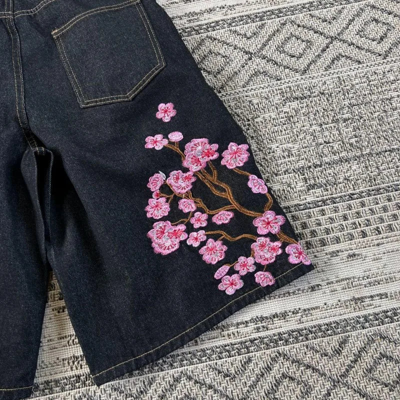2026 American New Geometric Cherry Blossom Embroidery Wash Jeans Shorts Women Y2K Gothic Hip Hop Popular Casual Joker Shorts