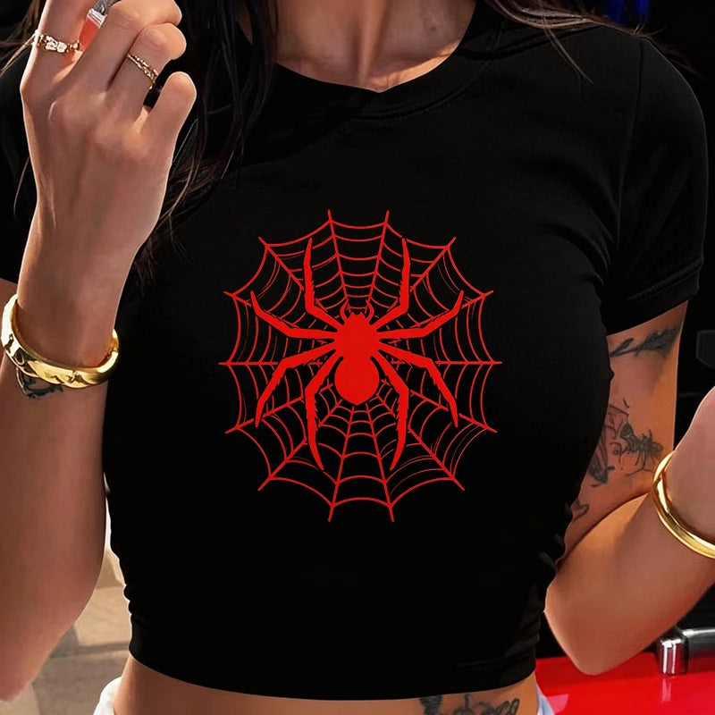 Vintage Y2k Tshirt for Woman Funny Spider Print Graphic Cropped T Shirt Women's Sexy Crew Neck Short Sleeve Crop Tops Clothes