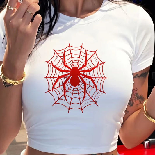 Vintage Y2k Tshirt for Woman Funny Spider Print Graphic Cropped T Shirt Women's Sexy Crew Neck Short Sleeve Crop Tops Clothes