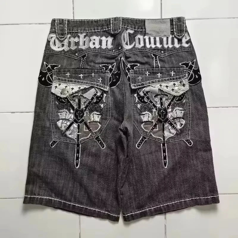2026 American New Geometric Cherry Blossom Embroidery Wash Jeans Shorts Women Y2K Gothic Hip Hop Popular Casual Joker Shorts