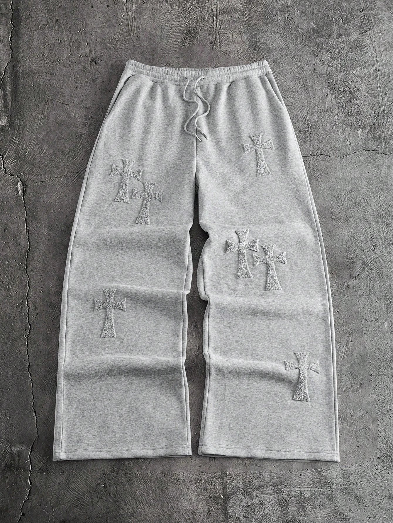 Gothic Streetwear Casual Sweat Trousers, Quick Dry Multi Cross Symbol Print Heather Gray Daily Sports Straight Bottoms Kids
