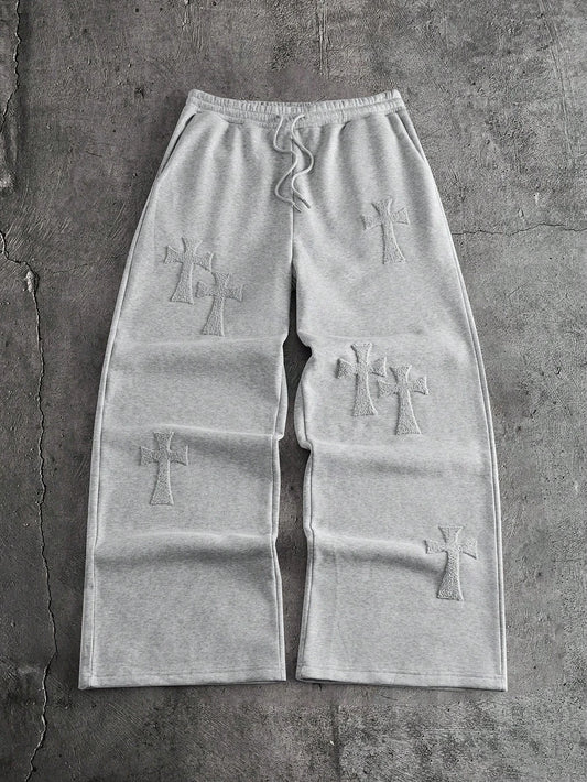 Gothic Streetwear Casual Sweat Trousers, Quick Dry Multi Cross Symbol Print Heather Gray Daily Sports Straight Bottoms Kids