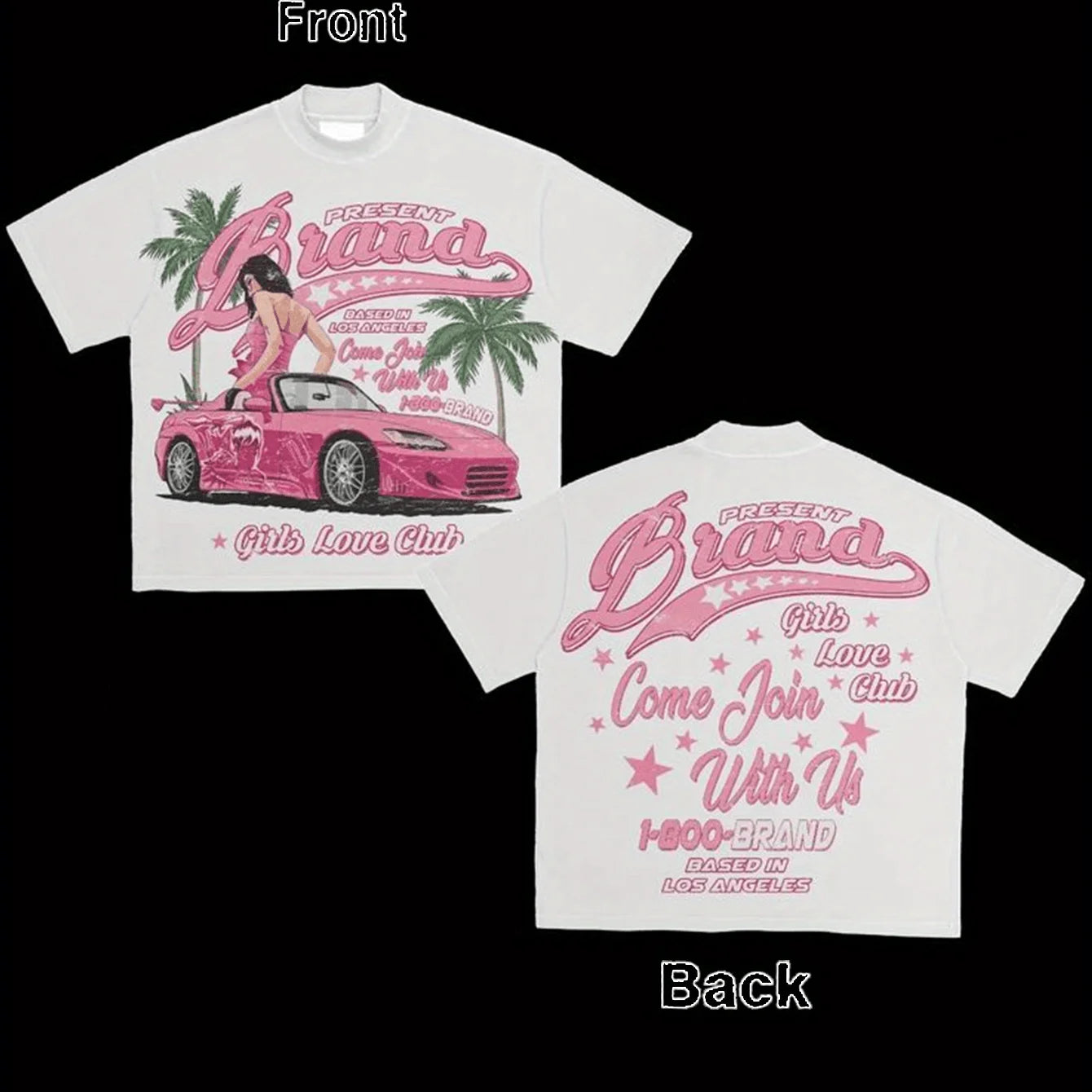 Summer New Y2K Men's 100% Cotton Pattern T-Shirt Pink Car and Palm Tree Short Sleeve Retro Fashion Short Sleeve T-Shirt