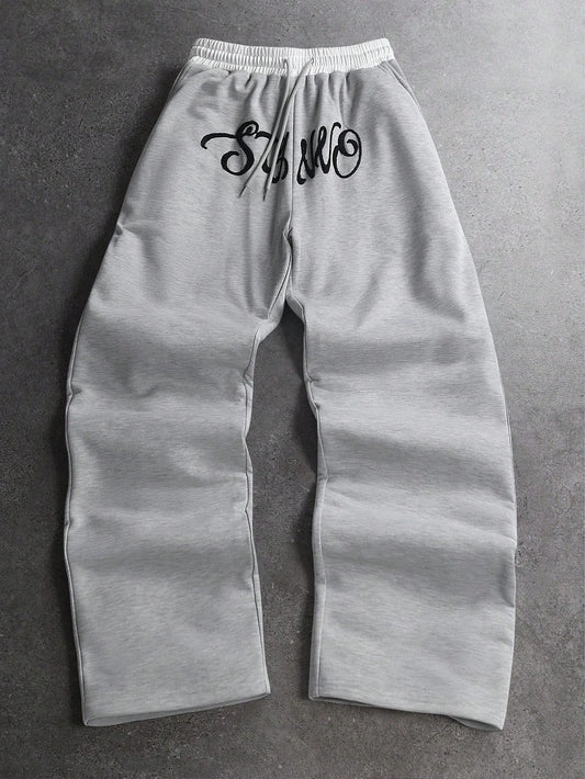 Retro Hip Hop Casual Sweat Trousers, Quick Dry Front Curly Cursive Script Letter Print Heather Grey Straight Sports Bottoms Kids