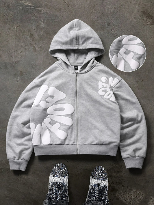 Men's Oversized Streetwear Zip Hoodie Brand 3D Puff Print Letter Graphic Polyester Gray Multi Color Hoodie S-2XL All Size 1Pc