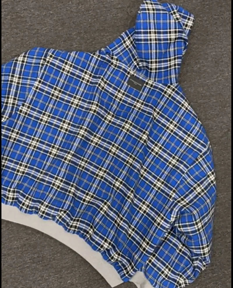90s Lined Blue Check Hoodie Kawaii Gothic Harajuku Streetwear Loose Fit Cotton Pullover Double Face Long Sleeve Sweatshirt