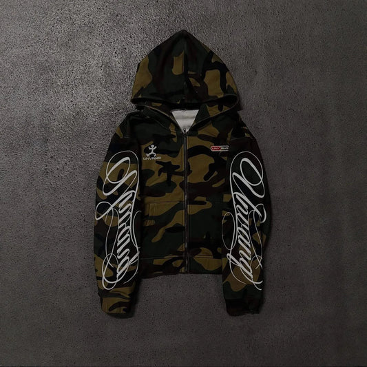 Autumn New Men's and Women's High Street Fashion Embroidery Camouflage Harajuku Ins Style Zipper Hooded Sweatshirt Y2k Clothing