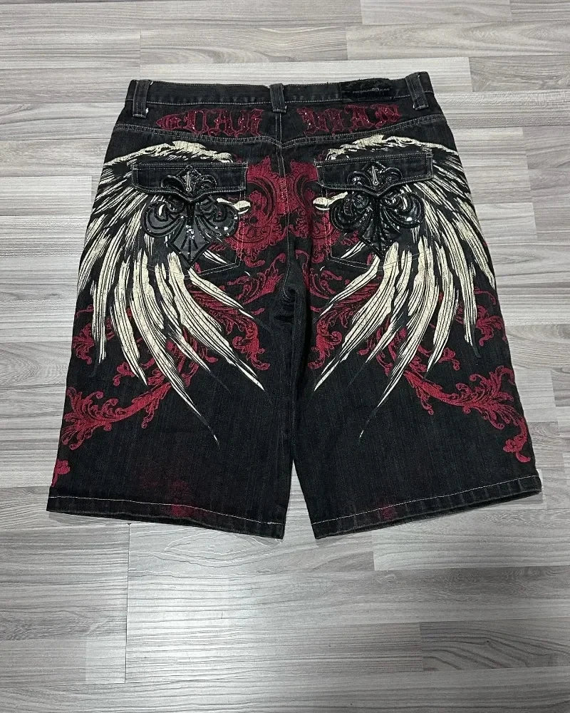 2026 American New Geometric Cherry Blossom Embroidery Wash Jeans Shorts Women Y2K Gothic Hip Hop Popular Casual Joker Shorts