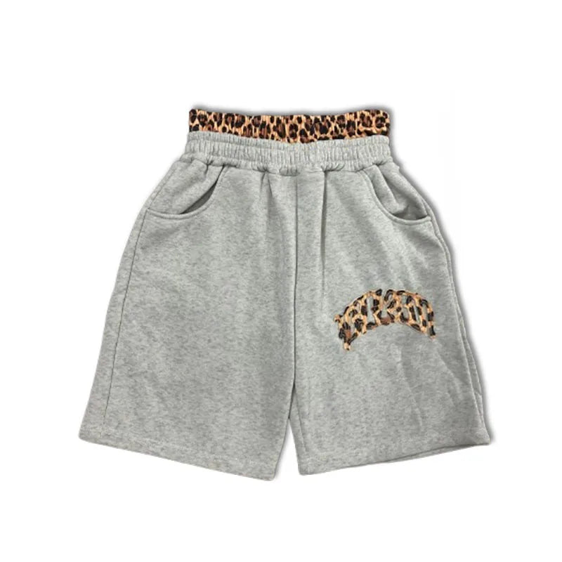 Summer American High Street Fashion Leopard Print Letter Patchwork Double Waistband Shorts Y2K HipHop Loose Straight Rock Slacks