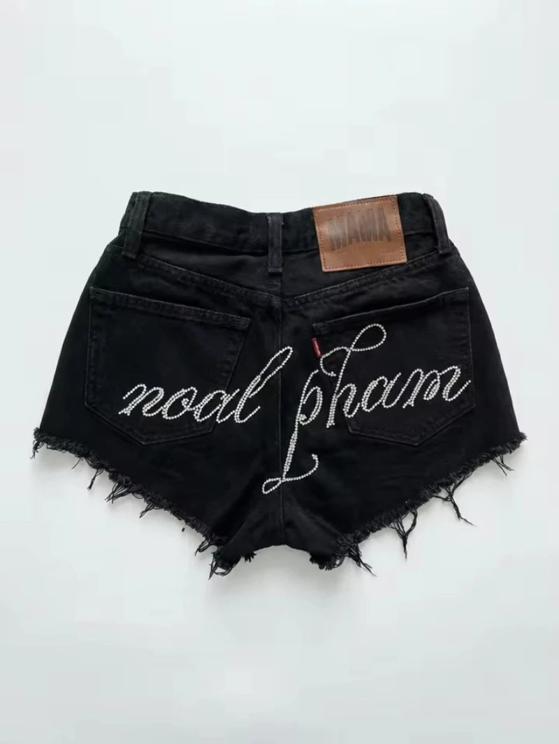 2026 American New Geometric Cherry Blossom Embroidery Wash Jeans Shorts Women Y2K Gothic Hip Hop Popular Casual Joker Shorts