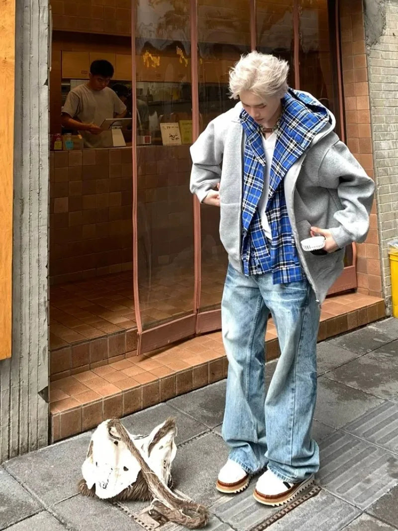 90s Lined Blue Check Hoodie Kawaii Gothic Harajuku Streetwear Loose Fit Cotton Pullover Double Face Long Sleeve Sweatshirt