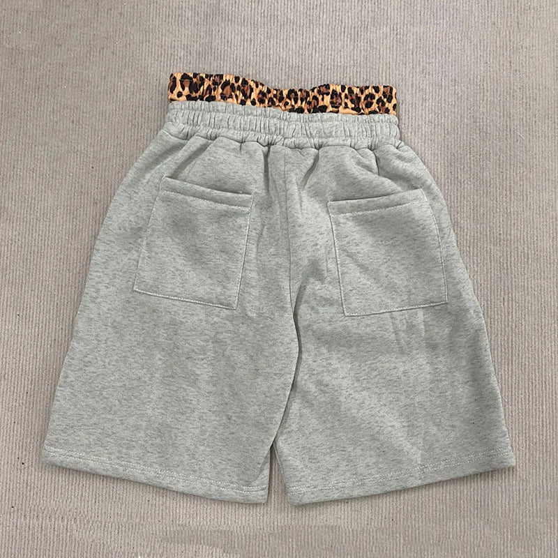 Summer American High Street Fashion Leopard Print Letter Patchwork Double Waistband Shorts Y2K HipHop Loose Straight Rock Slacks