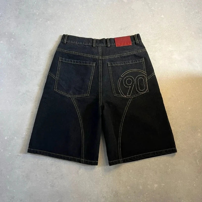 Y2K American Vintage Denim Shorts Embroidery Number 90 Pattern Bright Line Street Shorts Hip Hop Harajuku Unisex Wide Leg Pants