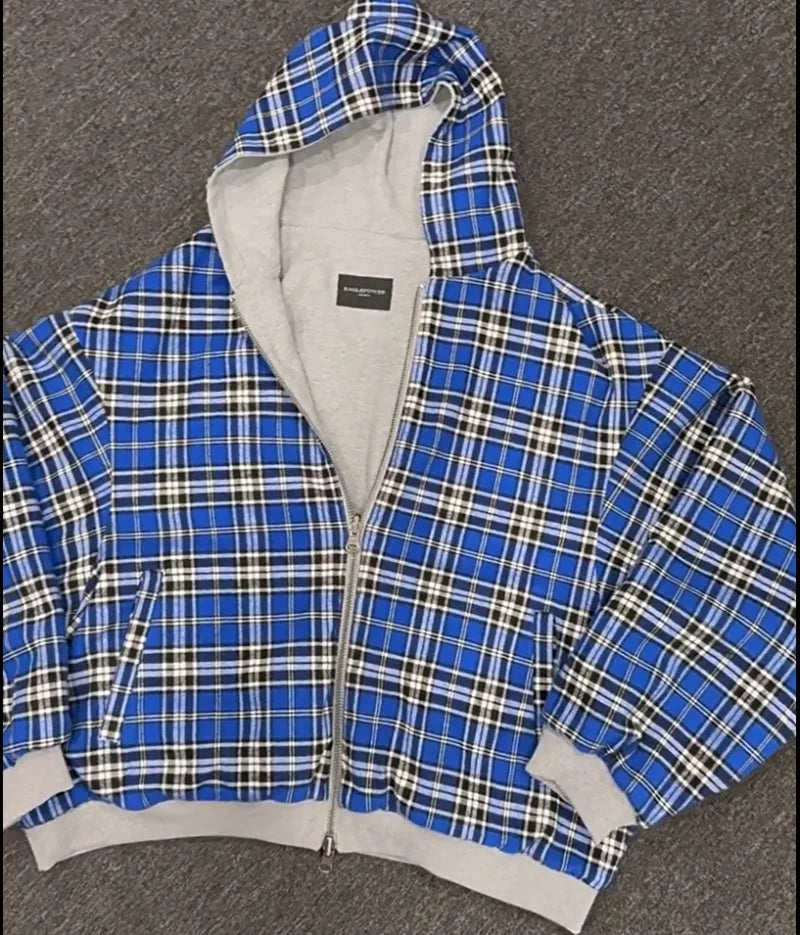 90s Lined Blue Check Hoodie Kawaii Gothic Harajuku Streetwear Loose Fit Cotton Pullover Double Face Long Sleeve Sweatshirt