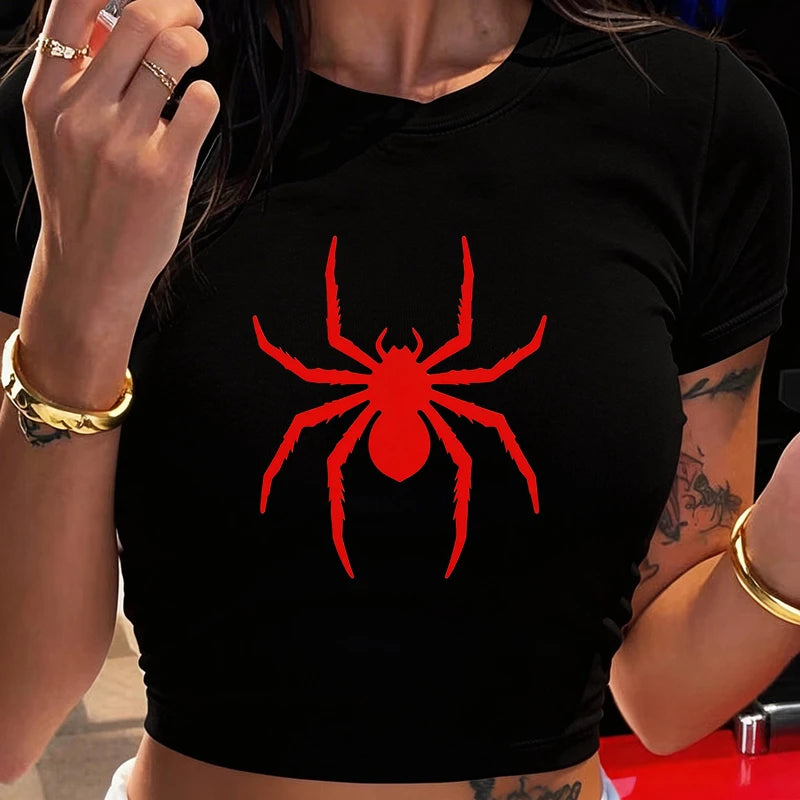 Vintage Y2k Tshirt for Woman Funny Spider Print Graphic Cropped T Shirt Women's Sexy Crew Neck Short Sleeve Crop Tops Clothes