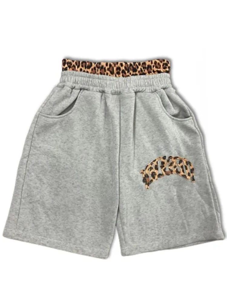 Summer American High Street Fashion Leopard Print Letter Patchwork Double Waistband Shorts Y2K HipHop Loose Straight Rock Slacks