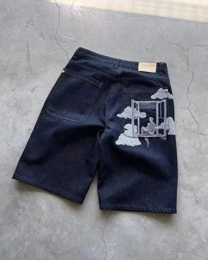 2026 American New Geometric Cherry Blossom Embroidery Wash Jeans Shorts Women Y2K Gothic Hip Hop Popular Casual Joker Shorts