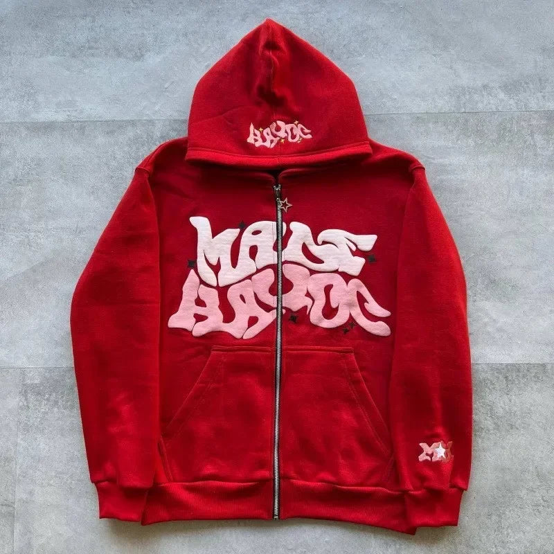 2026 European and American Fashion Fleece Print Zippered Hooded Sweatshirt for Men and Women, Casual Multi-Functional Sports Top